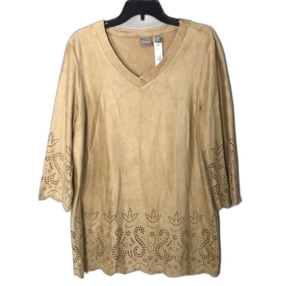 Chico’s shirt women's 2 beige eyelet faux suede scallop hem cottage blouse Tunic